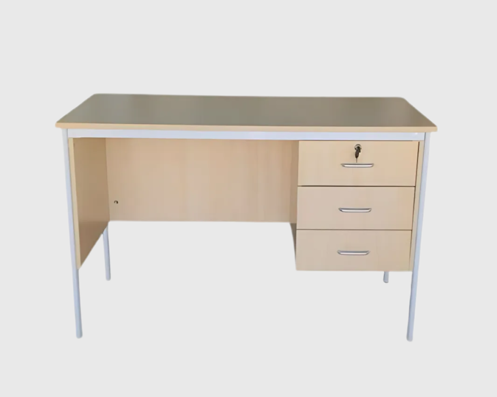 Ash color office desk with a sturdy metal frame and three drawers, including a lockable storage drawer for secure organization.