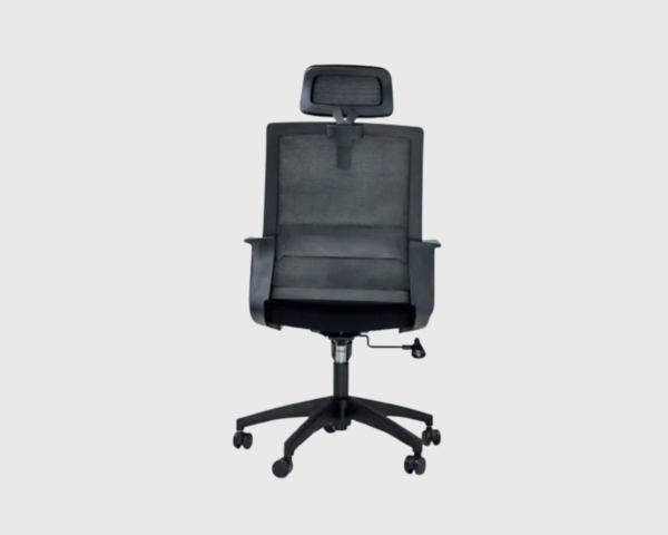 Ergonomic black mesh office chair with adjustable headrest and lumbar support.