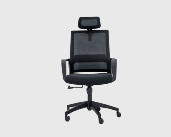 Ergonomic black mesh office chair with adjustable headrest and lumbar support.