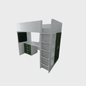 Kids Loft Bunk Bed with Red Storage Drawers, Desk & Wardrobe