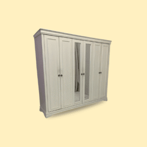 Modern 6 door wardrobe with mirrored center doors in black-brown finish, ideal for spacious bedroom storage in Abu Dhabi