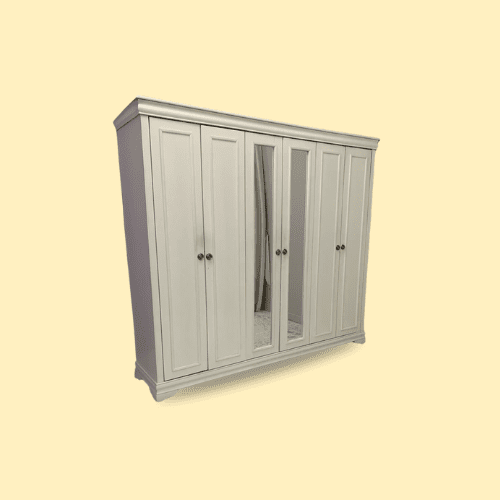 Modern 6 door wardrobe with mirrored center doors in black-brown finish, ideal for spacious bedroom storage in Abu Dhabi