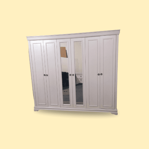 Elegant large wooden wardrobe with 6 doors and built-in full-length mirrors, perfect for organizing clothes and accessories