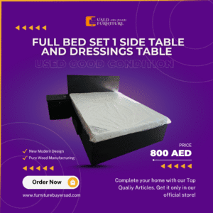 Full Bed Set of Wooden Bed, Side Table & Dresser