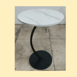 Modern White Round Side Table | Marble Look Top with Black Metal Base