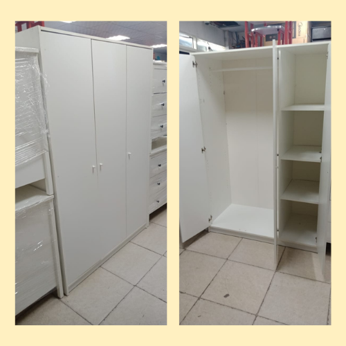 “3-door white wardrobe for sale in Abu Dhabi – modern used furniture”
