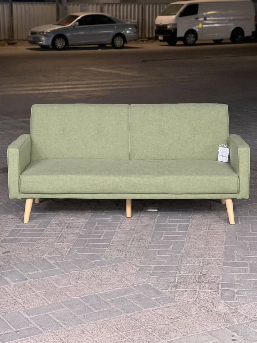 Modern light sage green 3 seater fabric sofa with light oak wooden legs