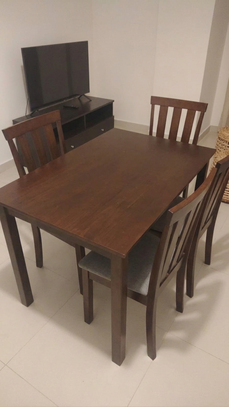 Modern dark brown wooden 4 seater used dining table set with cushioned chairs